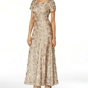 Alex Evenings Champagne Gold Rosette Evening Dress Size 10 NWT